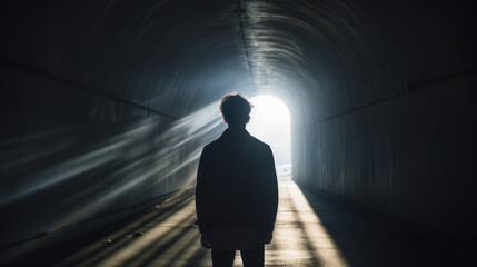 Light Piercing Darkness Description, A person standing in a tunnel with sunlight streaming through the exit