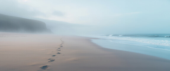 Wall Mural - Footprints disappearing into the mist on a desolate beach. Concept of loneliness and melancholy