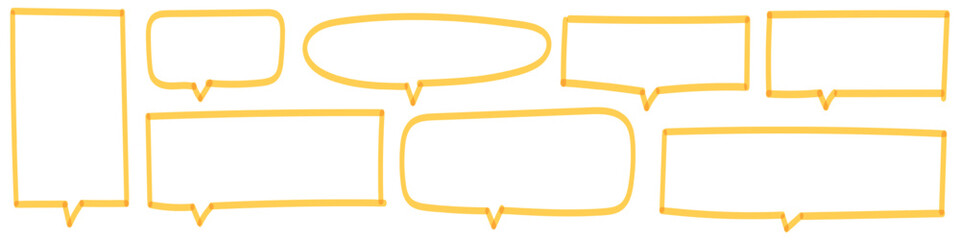 Speech bubbles and text balloons, drawn with comic line. Hand drawn yellow markers frame elements set. dialogue and talk representation. Flat vector illustration isolated on white background.