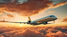 A Luxurious Private Jet Takes Off In The Dark Sky At The End Of The Day.