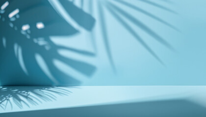 Abstract studio blue background for product presentation. Empty room with shadows of window and flowers and palm leaves . 3d room with copy space. Summer concert. backdrop. beauty product placement.