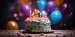 A birthday cake with lit candles surrounded by balloons. Generative AI.