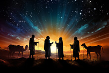 Silhouettes Of Christian Christmas Nativity Scene, With The Three Wise Men