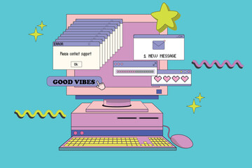 Fototapete - PC with monitor keyboard and mouse in retro style. Computer with user interface elements.  Old computer aestethic. Retro pc elements, user interface. Nostalgia for 1990s -2000s. Vector illustrations.