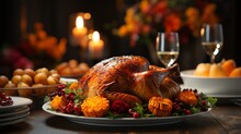 Cooked Pheasant With A Golden Fried Crust. Baked Turkey With Lemon And Vegetables, A Traditional Thanksgiving Dish In America. Protein High-calorie Food.
