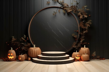 Poster - Halloween background with podium copy space for product display. 3D rendering Generative ai