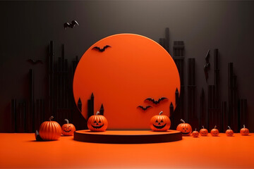 Poster - Halloween background with podium copy space for product display. 3D rendering Generative ai