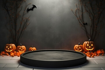 Poster - Halloween background with podium copy space for product display. 3D rendering Generative ai