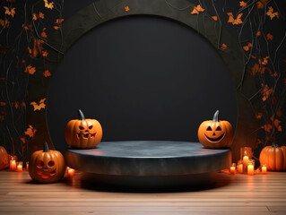 Poster - Halloween background with podium copy space for product display. 3D rendering Generative ai
