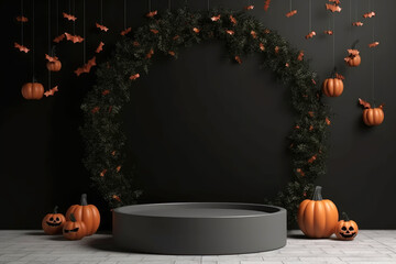 Poster - Halloween background with podium copy space for product display. 3D rendering Generative ai