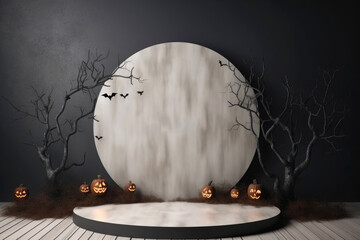 Poster - Halloween background with podium copy space for product display. 3D rendering Generative ai