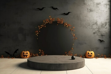 Poster - Halloween background with podium copy space for product display. 3D rendering Generative ai