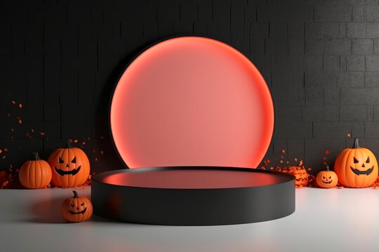 Halloween background with podium copy space for product display. 3D rendering Generative ai