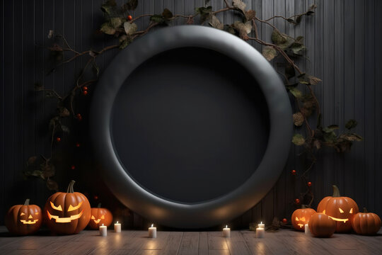 Halloween background with podium copy space for product display. 3D rendering Generative ai