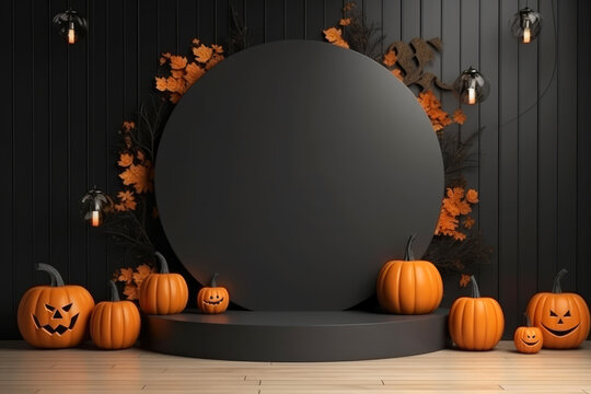 Halloween background with podium copy space for product display. 3D rendering Generative ai
