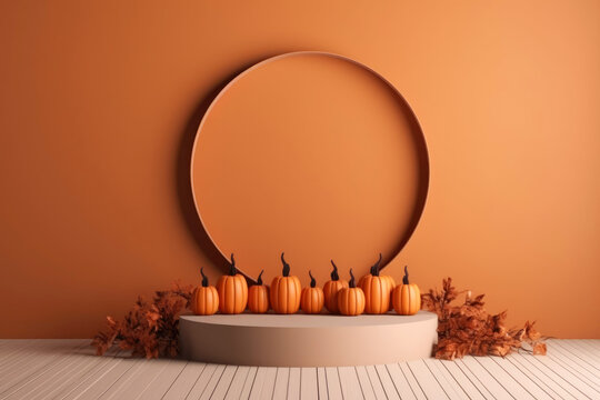 Halloween background with podium copy space for product display. 3D rendering Generative ai