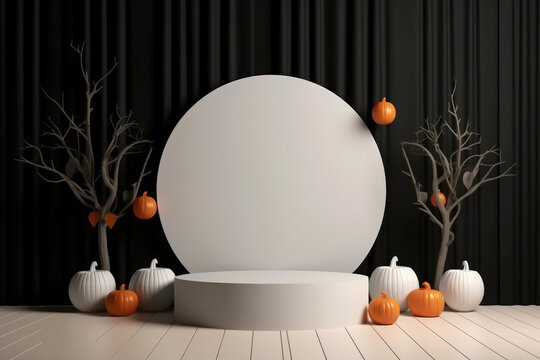 Halloween background with podium copy space for product display. 3D rendering Generative ai