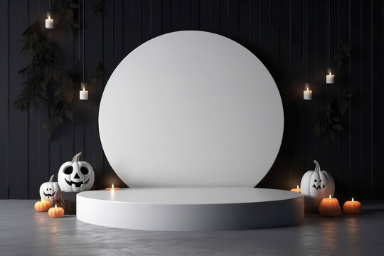 Halloween background with podium copy space for product display. 3D rendering Generative ai