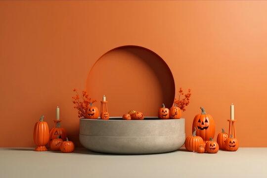 Halloween background with podium copy space for product display. 3D rendering Generative ai