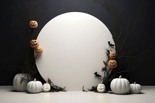 Halloween background with podium copy space for product display. 3D rendering Generative ai