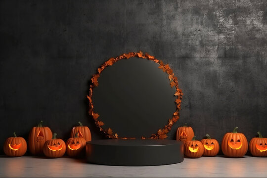 Halloween background with podium copy space for product display. 3D rendering Generative ai