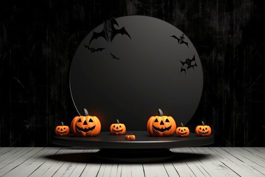 Halloween background with podium copy space for product display. 3D rendering Generative ai