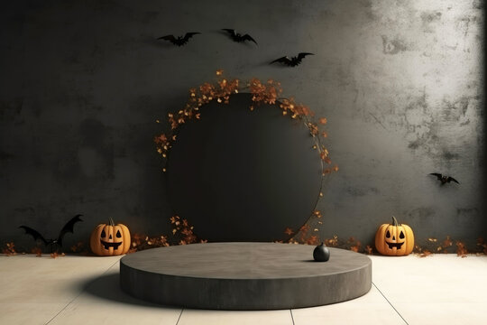 Halloween background with podium copy space for product display. 3D rendering Generative ai