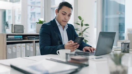 Poster - Phone, typing and business man on laptop for office info, seo planning and web administration at work. Online research, businessman and professional at a company with a computer for startup project