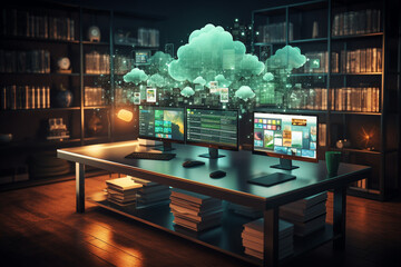 Wall Mural - online, cloud storage, contact, computing, tablet, phone home devices with online. linking computer 