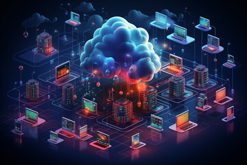 Wall Mural - online, cloud storage, contact, computing, tablet, phone home devices with online. linking computer 