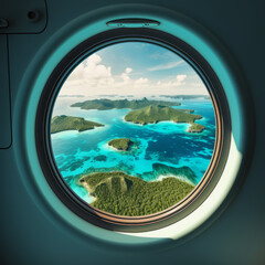 Wall Mural - Tropical island with turquoise water aerial view through an aircraft window