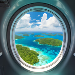 Wall Mural - Tropical island with turquoise water aerial view through an aircraft window