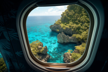 Wall Mural - Tropical island with turquoise water aerial view through an aircraft window