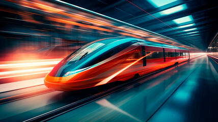 An intriguing photograph of a high-speed train captured in motion, featuring a motion blur effect, reflective surfaces, a sense of speed, and a cinematic quality. Generative AI