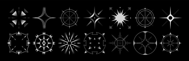 Set of stars and flares vector Y2k shapes. Astrological decorative vintage vector elements in art deco style. HUD Ui forms. Linear Victorian magic objects.	
