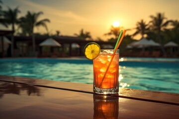 Aufkleber - Cocktail with straws stands by pool