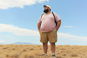 Overweight man walking in the desert.