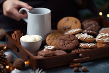 Tray With Christmas Chocolate Cookies, Woman Hand Taking A Milk Jug? Generative AI
