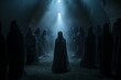 The evil nun's ascension from a chilling, shadowy environment, her form undergoing a haunting transformation as she journeys towards an unsettling heavenly realm. Generative Ai