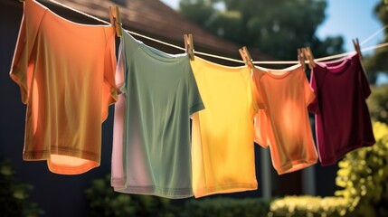 Children's colorful clothing dries on a clothesline in the yard outside in the sunlight after being washed.