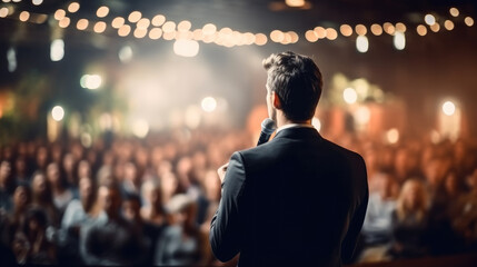 Aufkleber - Rear view of motivational speaker standing on stage in front of audience for motivation speech on business event.