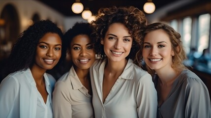 Canvas Print - Happy group of woman smiling in fashionable office, Empowering women in the workplace inclusivity concept.