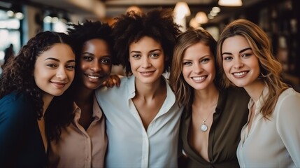 Canvas Print - Happy group of woman smiling in fashionable office, Empowering women in the workplace inclusivity concept.