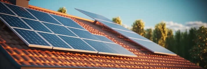Aufkleber - Close up of solar panels on the roof at home. Sustainable and clean energy concept.
