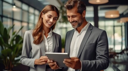 Aufkleber - Business people team are working and using digital tablet tech discussing financial market data at corporate office meeting.
