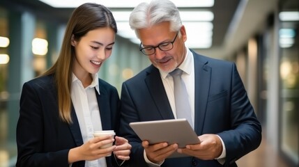 Canvas Print - Business people team are working and using digital tablet tech discussing financial market data at corporate office meeting.