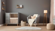 Baby Crib, Cupboard, Armchair, Lamp, Stool In Childs Room With Wooden Floor And Grey Walls.