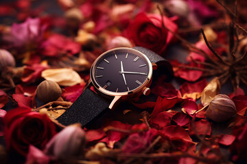 Beautiful ladies gold luxury watch with a black dial and a black leather strap on a beautiful background of dry flower leaves.generative ai
