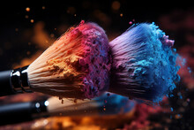 Makeup Brushes With Loose Powder, Blush And Eye Shadow. Colorful Dust And Splash On Black Background.