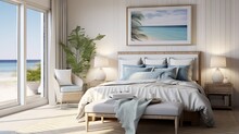  A Coastal Style Bedroom With A Marine Themed Decor And Furniture, Featuring A Mock Up Frame.